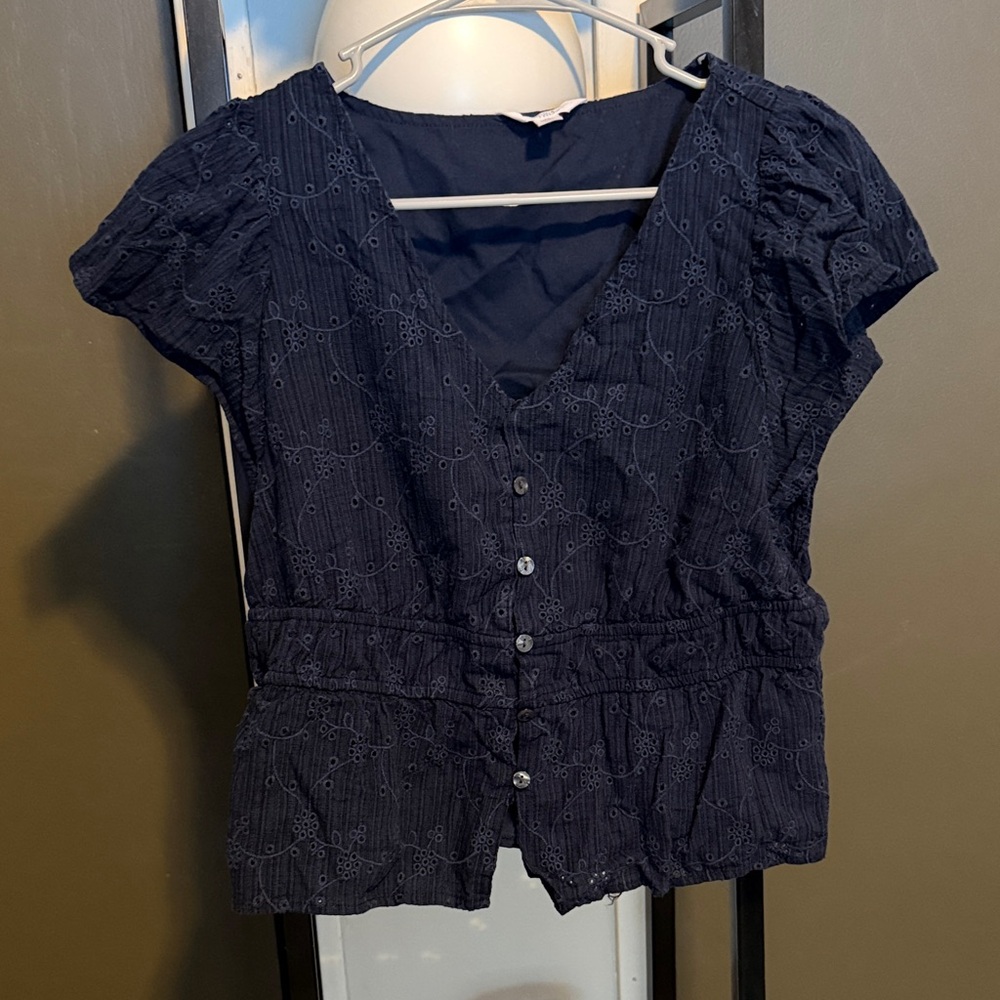 Time and Tru Dark Blue Eyelet Blouse